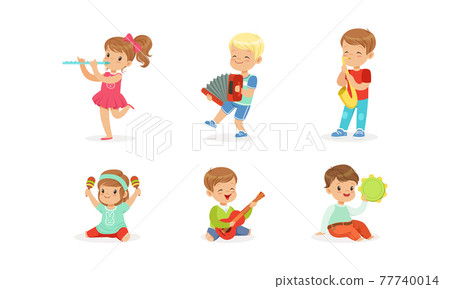Smiling Boy and Girl Playing Flute and Saxophone Vector Set 77740014
