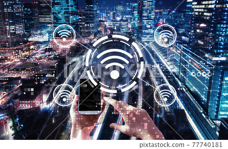 Wifi theme with person using smartphone 77740181