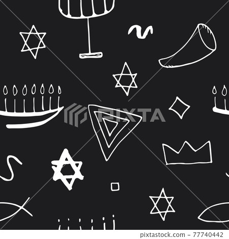 Jewish items seamless pattern, Jewish hand drawn lineart icons background, vector illustration 77740442