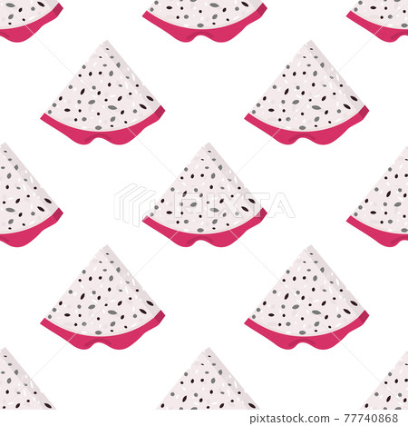 Seamless pattern with fresh cut slice red pitaya fruits isolated on white background. Summer fruits for healthy lifestyle. Organic fruit. Cartoon style. Vector illustration for any design. 77740868