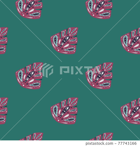 Dark pink abstract monstera foliage seamless pattern in doodle style. Turquoise background. Simple artwork. Dark pink abstract monstera foliage seamless pattern in doodle style. Turquoise background. Simple artwork. 77743166