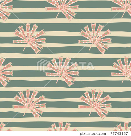 Spring nature season seamless pattern with tropic pink simple folk licuala palm on grey striped background. Spring nature season seamless pattern with tropic pink simple folk licuala palm on grey striped background. 77743167