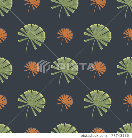 Green and orange colored palm licuala silhouettes seamless pattern. Navy blue background. Green and orange colored palm licuala silhouettes seamless pattern. Navy blue background. 77743186