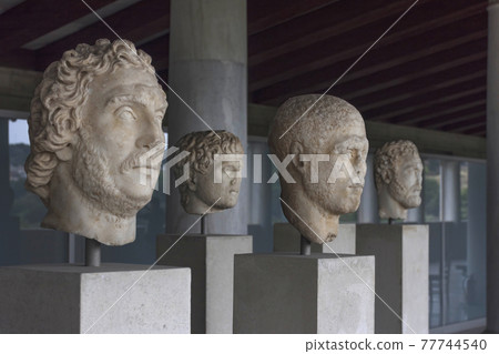 Sculptures in the Stoa of Attalos building, an ancient commercial center, currently houses the Museum of the Ancient Agora 77744540