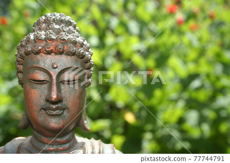Buddha Statue in Outdoor Garden With Blurred Background Buddha Statue in Outdoor Garden With Blurred Background 77744791