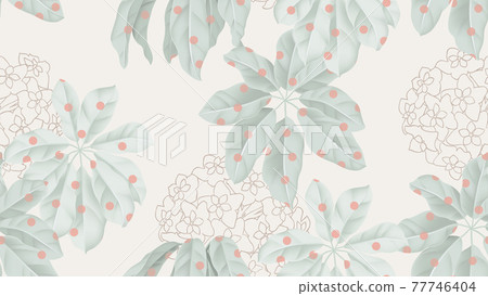 Tropical seamless pattern,  green umbrella tree with red dots and flowers  77746404