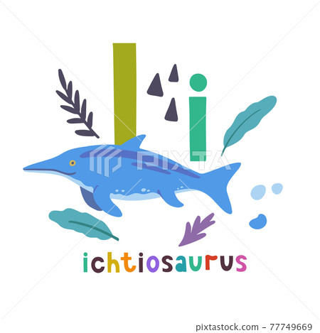 Ichtiosaurus. Cute cartoon hand drawn illustration with dinosaur and I letter. Ichtiosaurus. Cute cartoon hand drawn illustration with dinosaur and I letter. 77749669