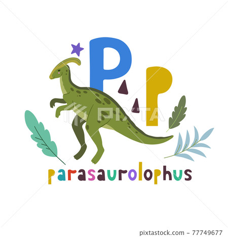 Parasaurolophus. Cute cartoon hand drawn illustration with dinosaur and P letter. Parasaurolophus. Cute cartoon hand drawn illustration with dinosaur and P letter. 77749677