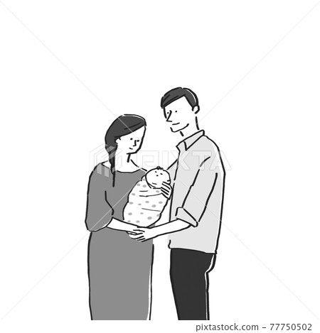 Mother and father holding baby, couple, childbirth (white background) Mother and father holding baby, couple, childbirth (white background) 77750502