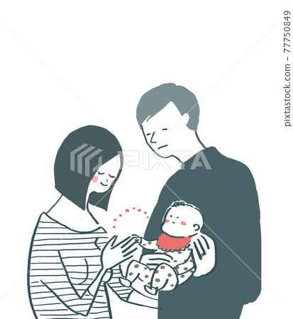 Mother and father holding baby, couple, childbirth (white background) Mother and father holding baby, couple, childbirth (white background) 77750849