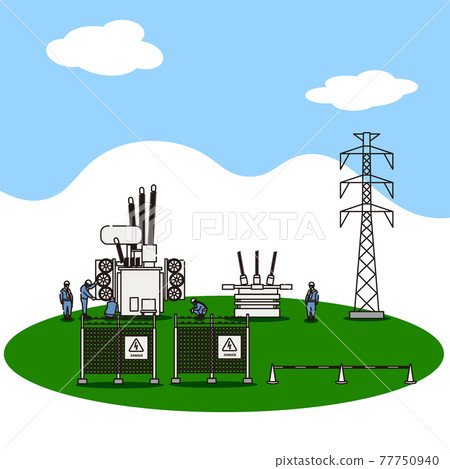 Workers working in substations and power plants and transformers and towers 77750940