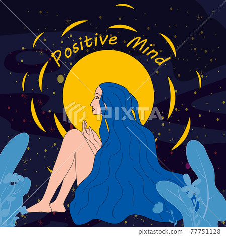 Think Positive Woman sitting thinking about happiness. Psychological help in difficult moments, depression. Girl with blue hair looking at the sun Vector illustration flat cartoon banner 77751128