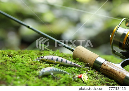 Mountain stream lure fishing and clear stream green image Mountain stream lure fishing and clear stream green image 77752413