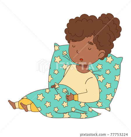 Little Girl Sleeping Sweetly on Soft Pillow Under Blanket in Her Bed Vector Illustration 77753224