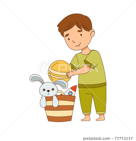 Cute Boy Picking Up Toys in Basket Getting Ready to Bedtime Vector Illustration 77753237