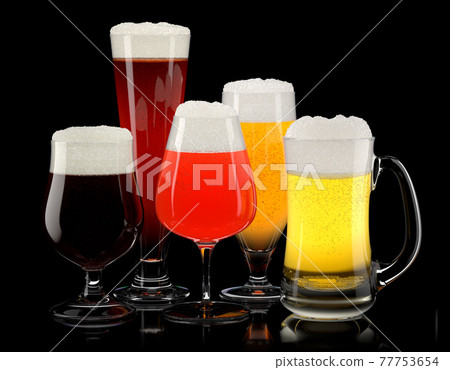 Set of fresh different beer glasses with bubble froth on black background. 77753654