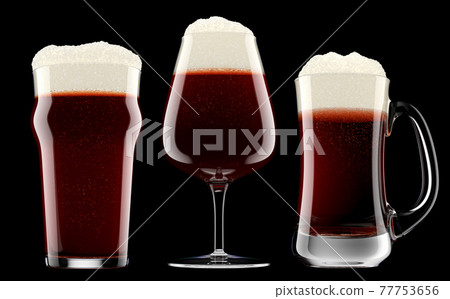Set of fresh beer in different mugs with bubble froth isolated on black. 77753656