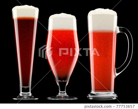 Set of fresh beer in different mugs with bubble froth isolated on black. 77753657