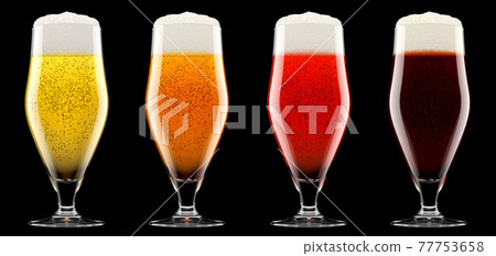 Set of glasses of fresh beer with bubble froth isolated on black background. 77753658