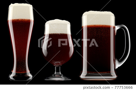 Set of fresh beer in different mugs with bubble froth isolated on black. 77753666