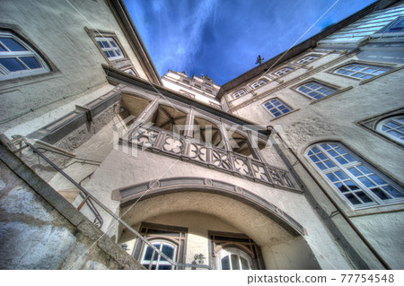 Facade of a castle, close-up view with ultra-wide-angle perspective 77754548