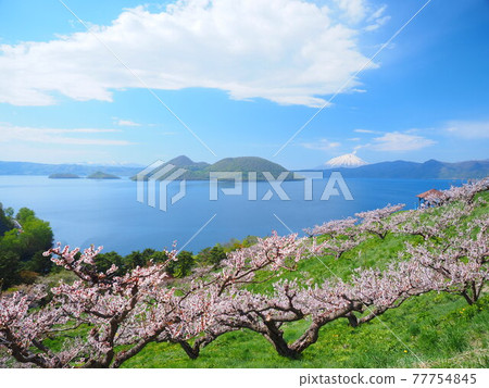 Superb view of Hokkaido Lake Toya and Mt. Yotei in spring 77754845