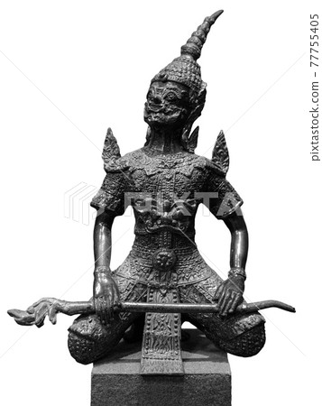 Bronze hanuman statue isolated over white. Hanuman sits in lotus pose with mace 77755405
