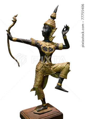 Prince Rama statue with a bow. Archer, Rama of Hinduism sculpture isolated on white background 77755406