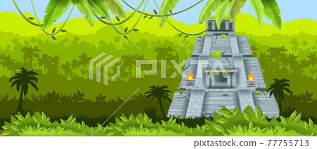 Maya vector pyramid, Aztec ancient temple, Mexican jungle landscape, rainforest silhouette, fire 77755713