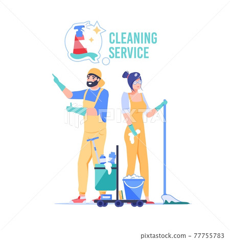 Flat cartoon cleaning service employee characters,vector illustration concept 77755783