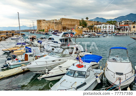 Kyrenia or Girne  historical city center, view to marina with ma 77757380
