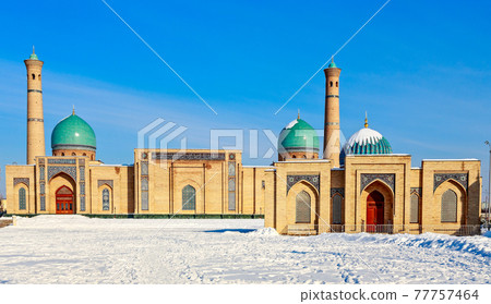 Snow and blue domes and minarets of Hazrati Imam complex, religious center of Tashkent, Uzbekistan Snow and blue domes and minarets of Hazrati Imam complex, religious center of Tashkent, Uzbekistan 77757464