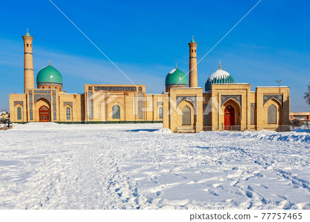 Snow and blue domes and minarets of Hazrati Imam complex, religious center of Tashkent, Uzbekistan Snow and blue domes and minarets of Hazrati Imam complex, religious center of Tashkent, Uzbekistan 77757465