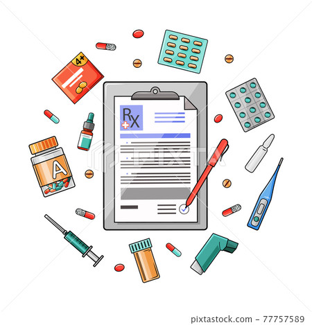 Doctor prescription and prescription pills. Thermometer medicine, tablets, medicines, capsules, clipboard with Rx. Vector illustration. Doctor prescription and prescription pills. Thermometer medicine, tablets, medicines, capsules, clipboard with Rx. Vector illustration. 77757589
