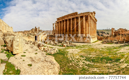 Ancient Roman temple of Bacchus with surrounding ruins of ancient city, Bekaa Valley, Baalbek, Lebanon Ancient Roman temple of Bacchus with surrounding ruins of ancient city, Bekaa Valley, Baalbek, Lebanon 77757744