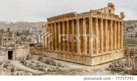 Ancient Roman temple of Bacchus with surrounding ruins and city, Bekaa Valley, Baalbek, Lebanon Ancient Roman temple of Bacchus with surrounding ruins and city, Bekaa Valley, Baalbek, Lebanon 77757745