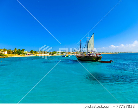 Tourists snorkeling along the coastline and enjoy the tropical island of Aruba 77757838