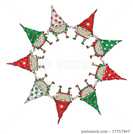 Vector Christmas gnomes cartoons, isolated on white. Christmas frame, funny gnomes. Vector Christmas gnomes cartoons, isolated on white. Christmas frame, funny gnomes. 77757947