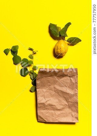 Quince apple, tree branches and paper bag on yellow 77757950