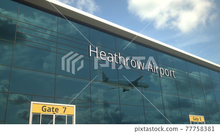 Airliner landing reflecting in the windows with Heathrow Airport text. 3d rendering Airliner landing reflecting in the windows with Heathrow Airport text. 3d rendering 77758381