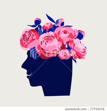 Mental health concept. Abstract image of a head with flowers inside. Peonies, flowers and leaves as a symbol of inspiration, calmness, favorable mental behavior. Mental health concept. Abstract image of a head with flowers inside. Peonies, flowers and leaves as a symbol of inspiration, calmness, favorable mental behavior. 77759256