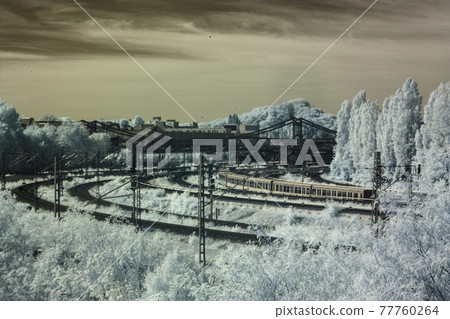 Infrared industrial railway scene with train and bridge, Berlin, Germany 77760264