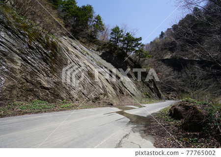從長野縣信州京那佐通往奧須索巴納自然公園的道路貫穿須索巴納河谷的須索巴納河Cuesta地形附近的碼頭。 77765002