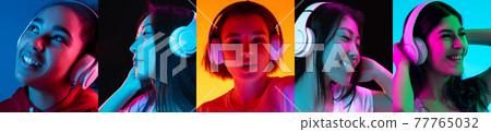 Portraits of group of people on multicolored background in neon light, collage. Portraits of group of people on multicolored background in neon light, collage. 77765032