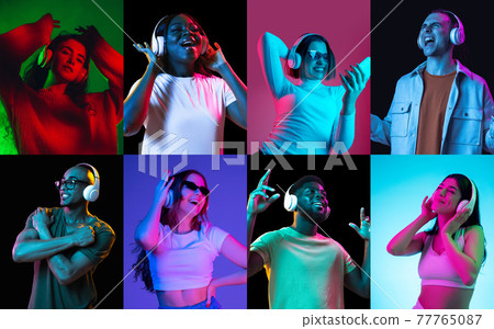 Portraits of group of people on multicolored background in neon light, collage. Portraits of group of people on multicolored background in neon light, collage. 77765087