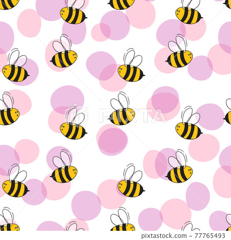Seamless pattern with bees on white background. Small wasp. Vector illustration. Adorable cartoon character. Template design for invitation, cards, textile, fabric. Doodle style 77765493