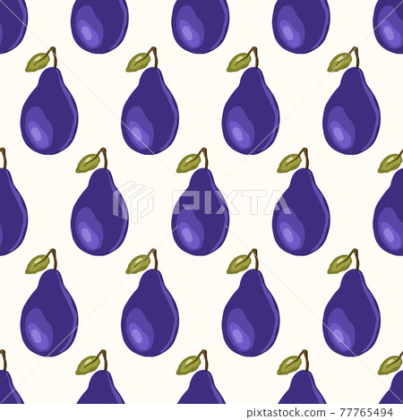 Seamless pattern with plum on white background. Natural delicious fresh ripe tasty fruit. Vector illustration for print, fabric, textile, banner, other design. Stylized plums with leaves. 77765494