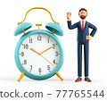 3D illustration of smiling man showing ok gesture and standing next to a huge vintage alarm clock.  77765544