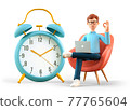 3D illustration of man with laptop showing ok gesture and sitting nearby a huge vintage alarm clock. 77765604
