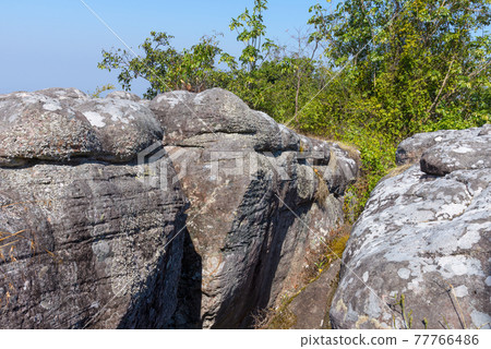 Cracked stone valley by water and weather erosion between the nature trail. 77766486